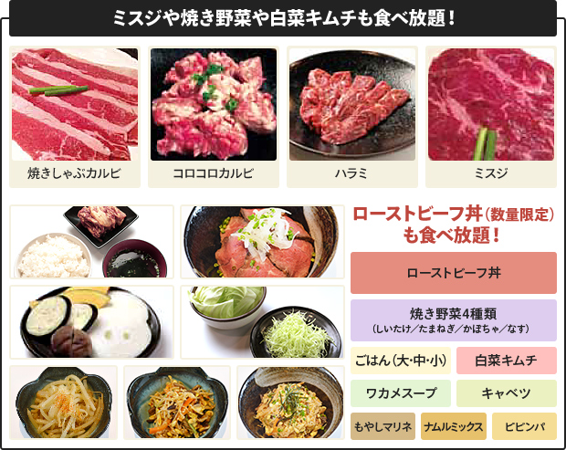 ミスジや焼き野菜や白菜キムチも食べ放題!